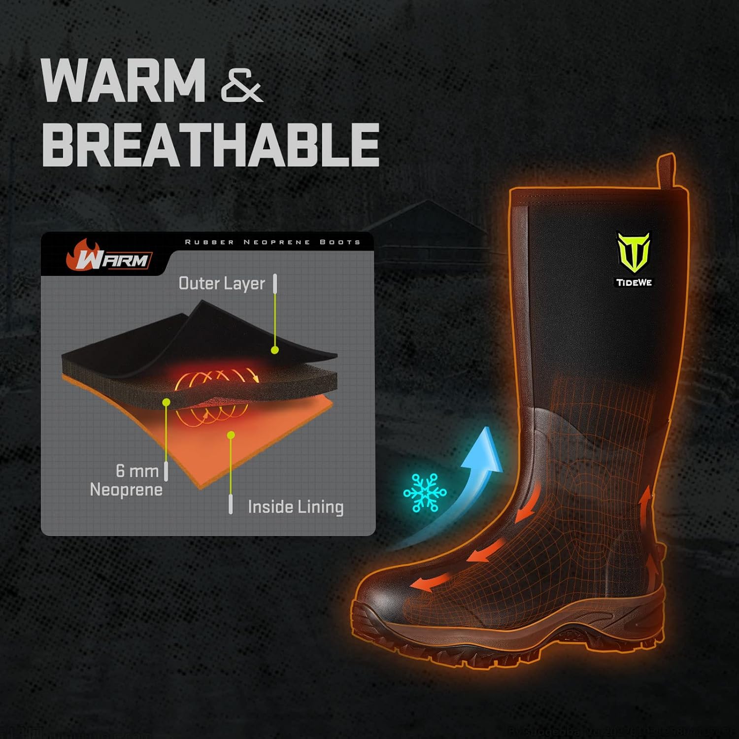 TIDEWE Rubber Neoprene Boots Men And Women, Waterproof Sturdy 6mm Neoprene Boot, Rain Boot Hunting Boot Arctic Outdoor Boot(Black, Brown & Next Camo G2) - Image 4
